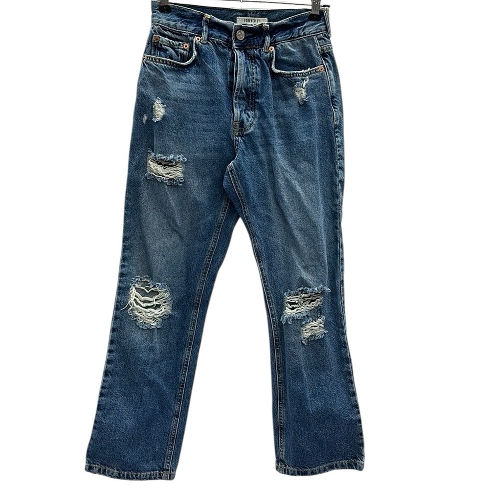 Forever 21 High Rise Button Fly Straight Leg Destroyed Denim Blue Jeans 24 Waist